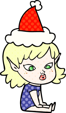 Güzel el çizimi çizgi roman stili Noel Baba şapkası giyen bir elf kızı bir insan tarafından çizilmiş.