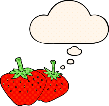 Çizgi roman tarzında bir insan tarafından çizilmiş düşünce baloncuğu olan çilekli çizgi film.