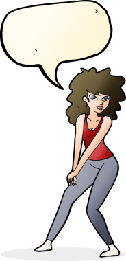 Bir insan tarafından çizilmiş konuşma balonuyla poz veren karikatür kadın.