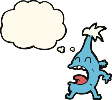 Bir insan tarafından çizilmiş düşünce baloncuklu komik bir yaratık.