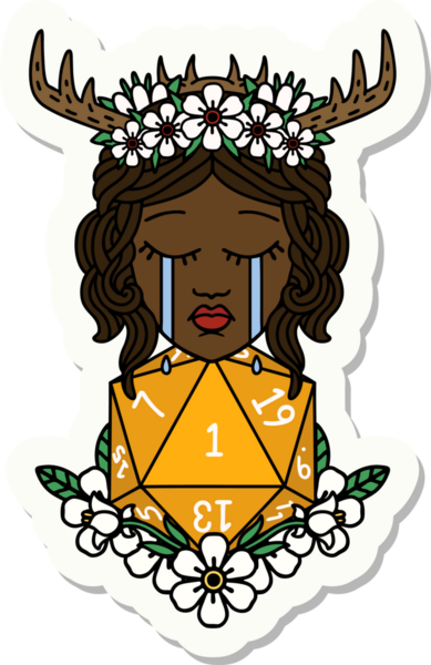 Ağlayan insan bir Druid 'in çıkartması. Bir insan tarafından çizilmiş doğal bir D20 rulosu.