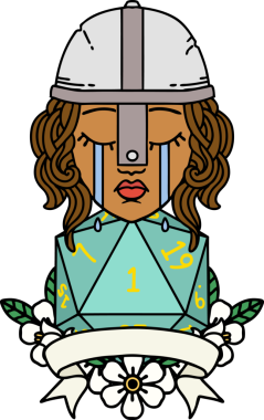 Retro Dövme Tarzı Ağlayan İnsan Dövüşçüsü Bir insan tarafından çizilmiş doğal bir D20 zarıyla