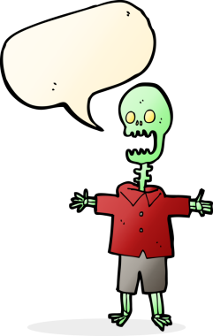 Bir insan tarafından çizilmiş, konuşma baloncuklu bir iskelet.