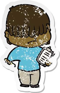 Bir insan tarafından çizilmiş dağınık saçlı bir çizgi film çocuğunun sıkıntılı çıkartması.