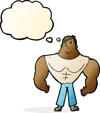 Bir insan tarafından çizilmiş düşünce baloncuğu olan karikatür vücut geliştirici.