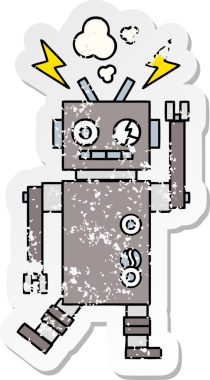 Bir insan tarafından çizilmiş arızalı bir robot çizgi film çıkartması.