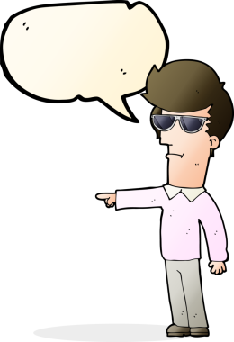 Bir insan tarafından çizilmiş konuşma balonuyla işaret eden gözlüklü bir çizgi film adamı.