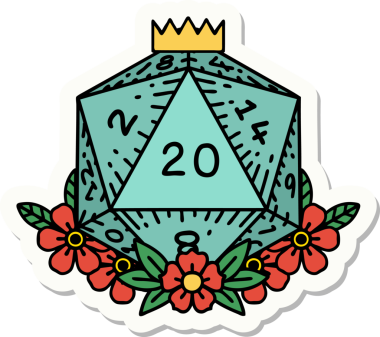 Bir insan tarafından çizilmiş 20 D20 zarının etiketi.