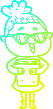 Bir insan tarafından çizilmiş gözlük takan mutlu bir kadının çizgi film çizimi.