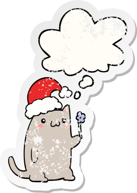 Düşünce baloncuğu olan şirin bir çizgi roman kedisi insan tarafından çizilmiş yıpranmış bir çıkartma.