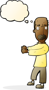 Bir insan tarafından çizilmiş düşünce baloncuğuyla açıklama yapan keltoş bir adam.