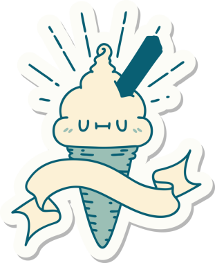 Bir insan tarafından çizilmiş dövme stili dondurma karakterinin çıkartması.