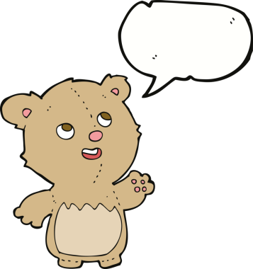 Bir insan tarafından çizilmiş konuşma balonlu küçük mutlu oyuncak ayı.