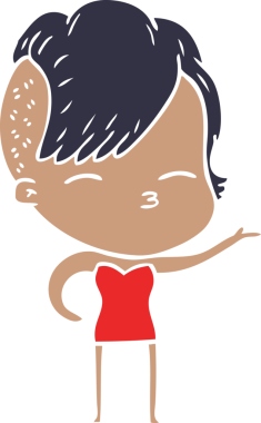 Düz renkli çizgi film çizen kız bir insan tarafından çizilmiş.