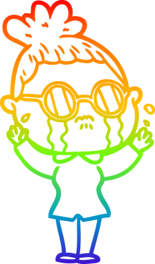 Gökkuşağı gradyan çizgi çizimi. Bir insan tarafından çizilmiş gözlük takan ağlayan bir kadın.