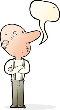 Bir insan tarafından çizilmiş, kolları katlanmış, konuşma balonu olan yaşlı bir adam.