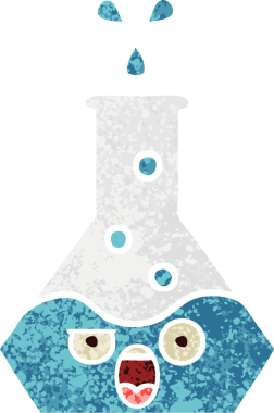 Bir insan tarafından çizilmiş bir deney şişesinin retro çizim tarzı karikatürü.