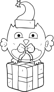 Bir insan tarafından çizilmiş siyah beyaz karikatür noel baykuşu