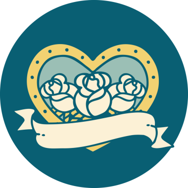 İkonik dövme stili bir kalp ve bir insan tarafından çizilmiş çiçekli pankart.