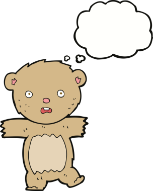 Bir insan tarafından çizilmiş düşünce baloncuğuyla şok olmuş oyuncak ayı.