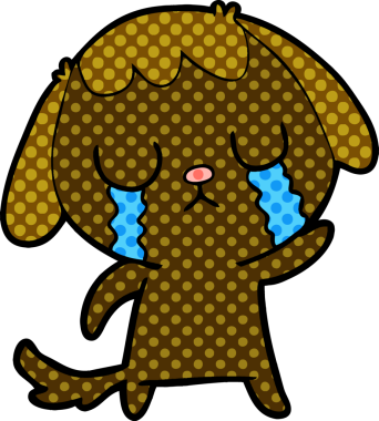 Bir insan tarafından çizilmiş şirin bir çizgi film köpeği ağlıyor.