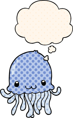 Çizgi roman tarzında bir insan tarafından çizilmiş düşünce baloncuklu denizanası çizgi filmi.