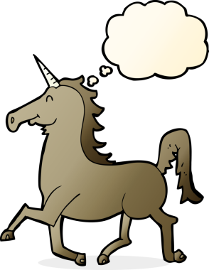 Bir insan tarafından çizilmiş düşünce baloncuklu tek boynuzlu at.