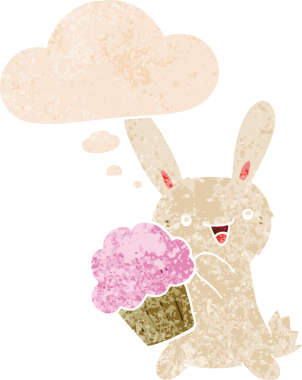 Düşünce baloncuklu tatlı çizgi film tavşanı grunge dertli retro desenli bir insan tarafından çizilmiş