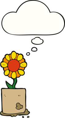 Bir insan tarafından çizilmiş düşünce baloncuklu karikatür çiçeği