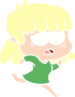 Düz renkli çizgi film. Bir insan tarafından çizilmiş yorgun kadın.