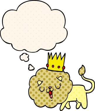 Karikatür aslanı ve bir insan tarafından çizilmiş düşünce baloncuğu.