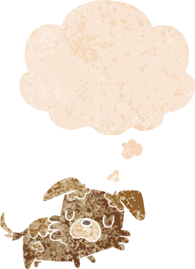 Düşünce baloncuğu ile çizgi film köpeğinin grunge sıkıntılı retro tarzı bir insan tarafından çizilmiş