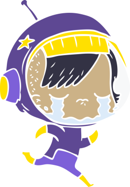 Düz renkli çizgi film ağlayan astronot kız bir insan tarafından çizilmiş.