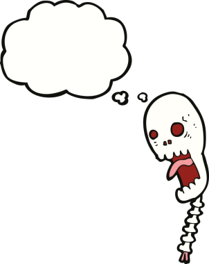 Bir insan tarafından çizilmiş düşünce baloncuklu komik bir kafatası.