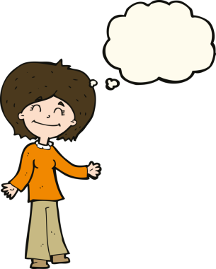 Bir insan tarafından çizilmiş düşünce balonlu mutlu kadın çizgi filmi.