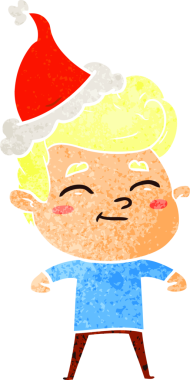 Mutlu el çizimi, Noel Baba şapkası takan bir adamın insan tarafından çizilmiş retro karikatürü.