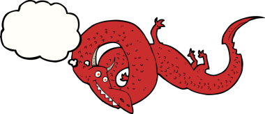 Bir insan tarafından çizilmiş düşünce balonlu Çin ejderhası çizgi filmi.