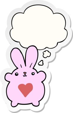 Sevgi dolu karikatür tavşanı. Düşünce baloncuğu insan tarafından çizilmiş bir çıkartma gibi.
