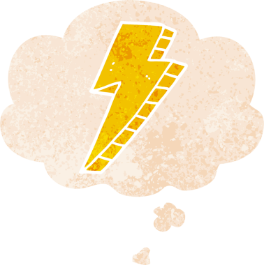 Düşünce baloncuğu ile çizgi film yıldırımı grunge sıkıntılı retro dokuma tarzı bir insan tarafından çizilmiş