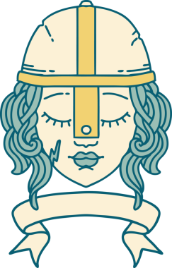 Retro Dövme Tarzı İnsan Savaşçı Karakteri Bir insan tarafından çizilmiş parşömen pankartıyla