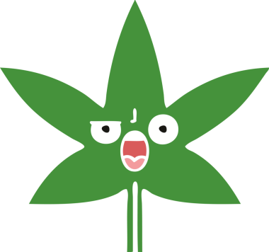 Bir insan tarafından çizilmiş marihuana yaprağının düz renkli retro karikatürü