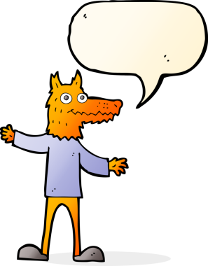 Bir insan tarafından çizilmiş konuşma balonlu tilki adam.