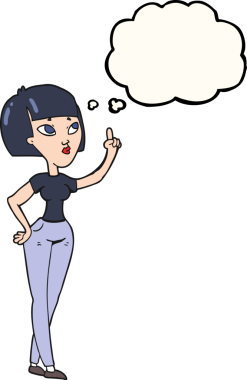 Düşünce balonu çizen kadın bir insan tarafından çizilmiş sorular soruyor.