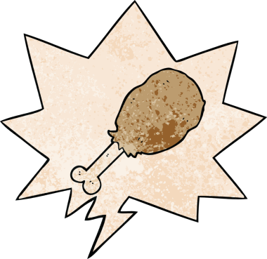 Çizgi film tavuk bacağı, konuşma baloncuğu ile insan tarafından çizilmiş retro doku.