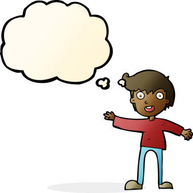 Bir insan tarafından çizilmiş düşünce baloncuğu olan heyecanlı çocuk.