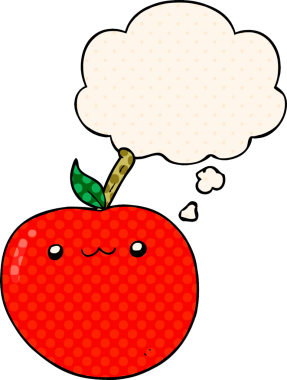 Çizgi roman tarzında bir insan tarafından çizilmiş düşünce baloncuğu olan şirin bir elma.