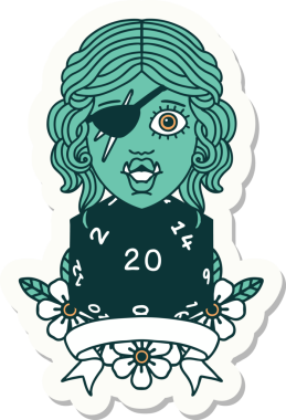 Bir insan tarafından çizilmiş 20 zarlı yarı ork haydut bir karakterin çıkartması.