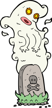 Bir insan tarafından çizilmiş bir mezardan yükselen çizgi film hayaleti.