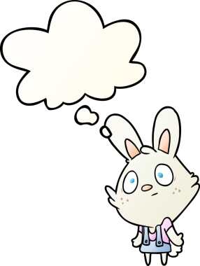 Çizgi film tavşanı omuzlarını silkiyor. Düşünce baloncuğu bir insan tarafından çizilmiş gibi.