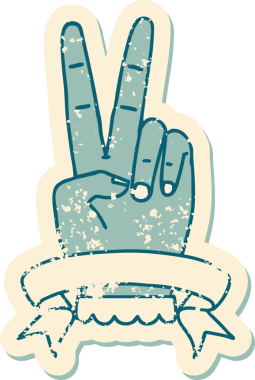 Bir barışın grunge sticker 'ı. Bir insan tarafından çizilmiş iki parmak hareketi.